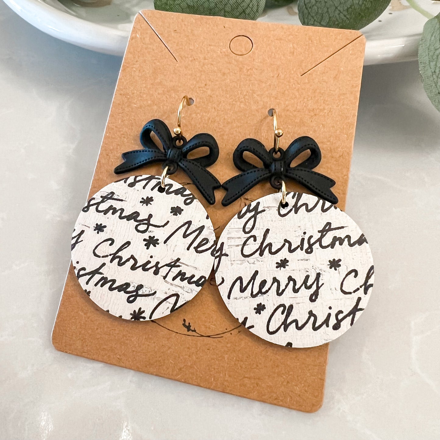 Christmas Script Black Bow Woven Earrings