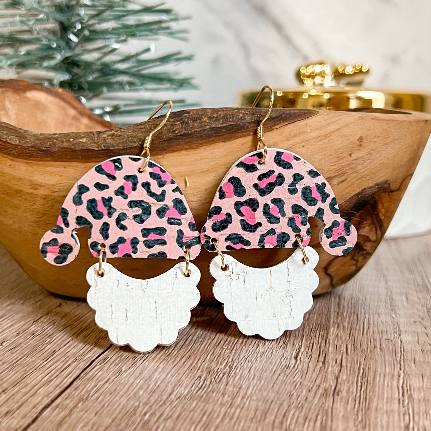 Handmade Pink Animal Print Santa Hat/Beard Earrings
