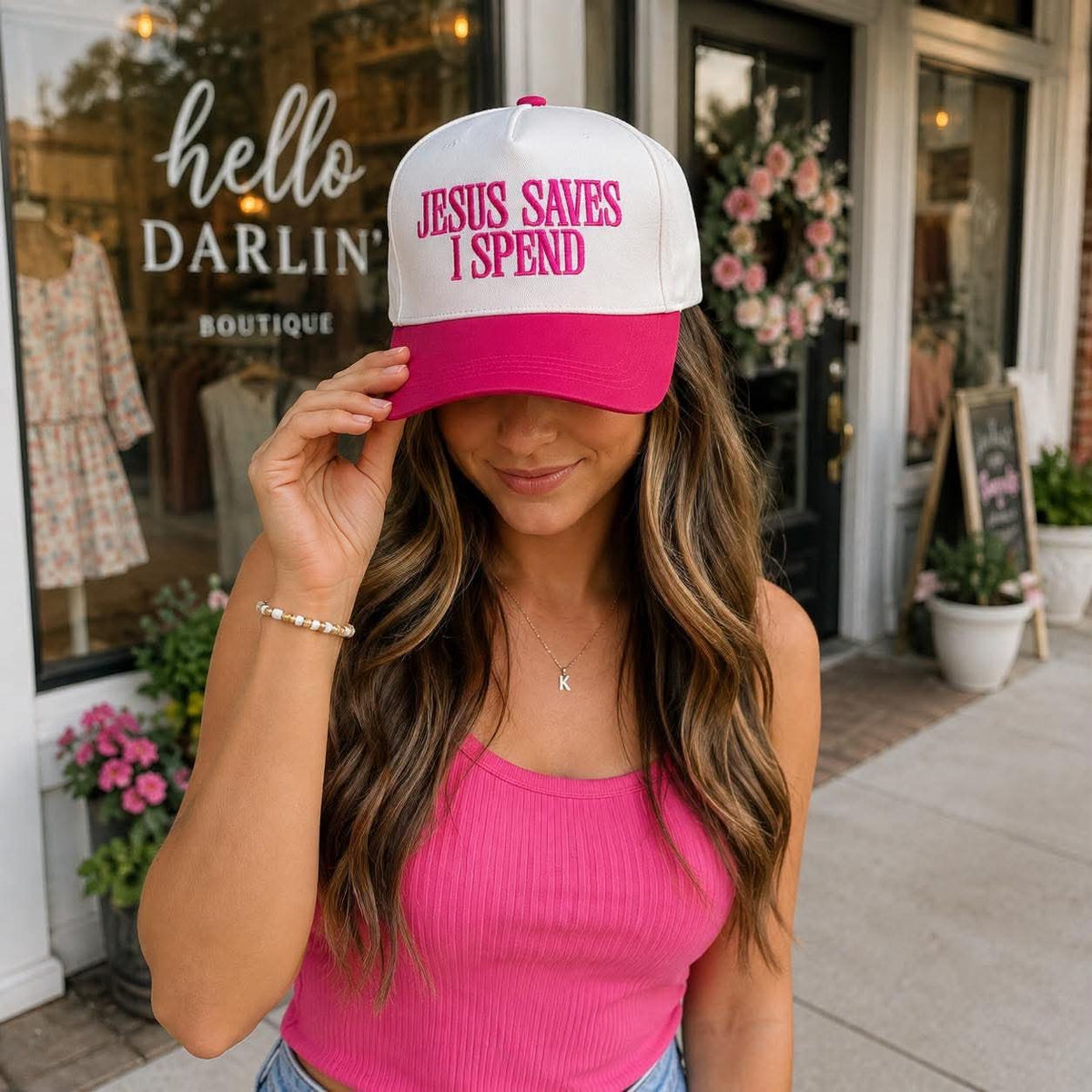 Jesus Saves, I Spend Embroidered Hot Pink Hat