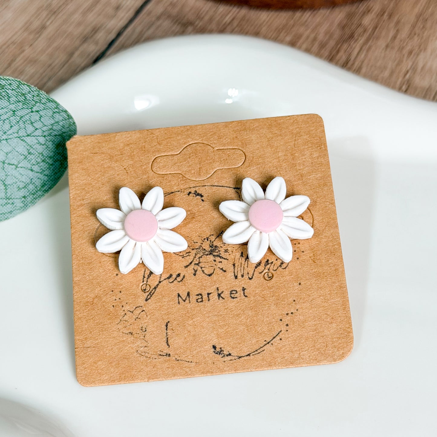 White & Pink Clay Daisy Studs