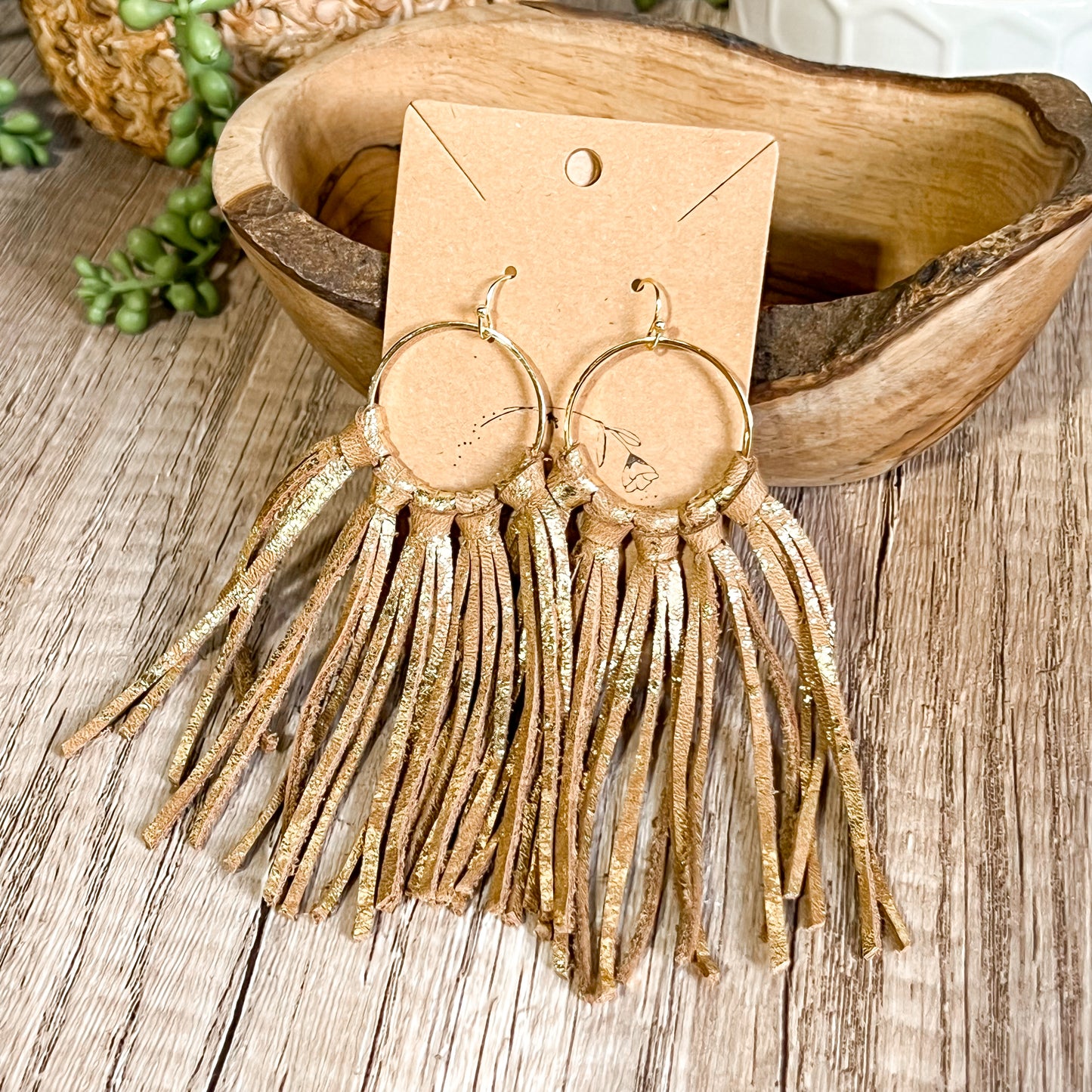 Golden Fringe Leather Hoops
