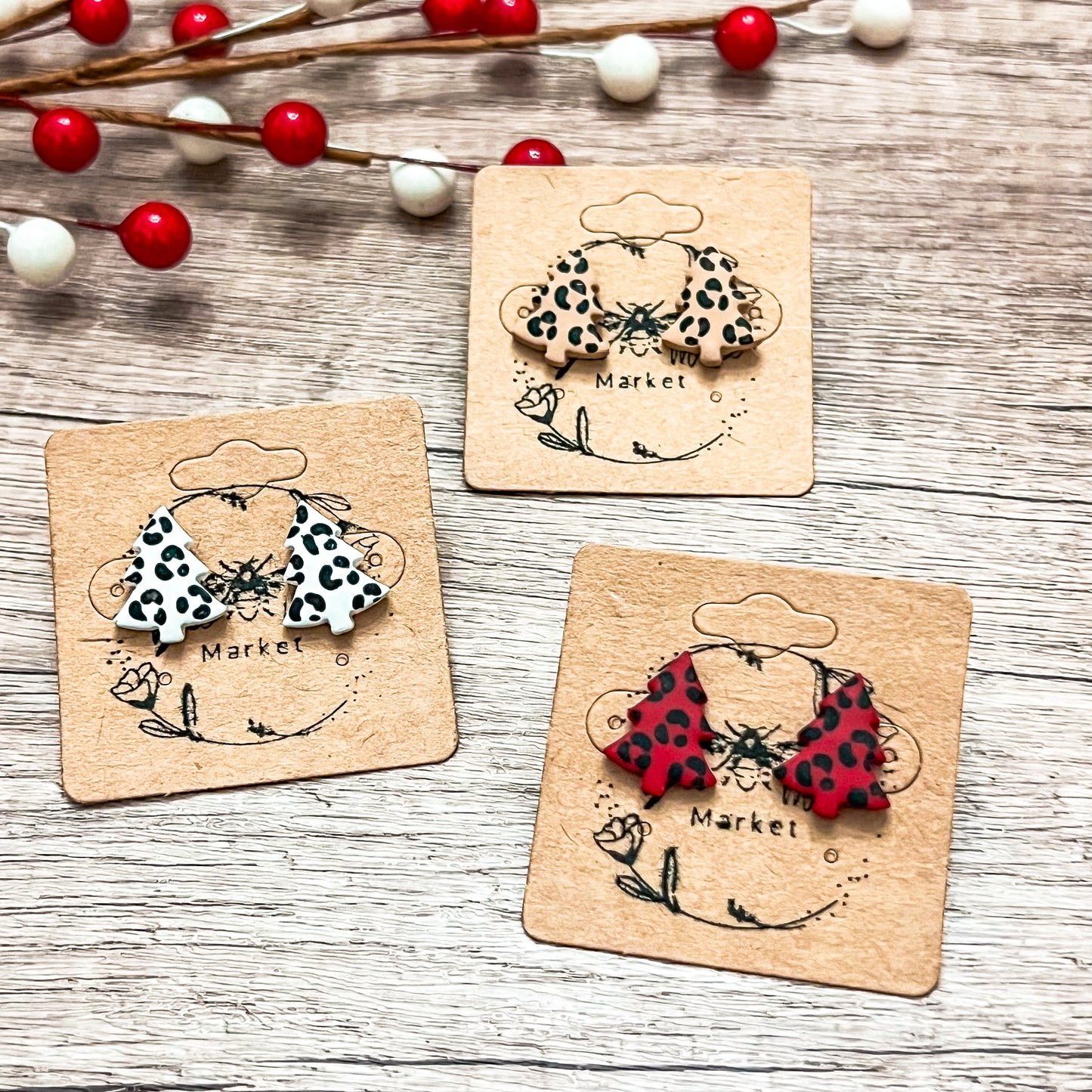 Handmade Animal Print Christmas Tree Stud Earrings