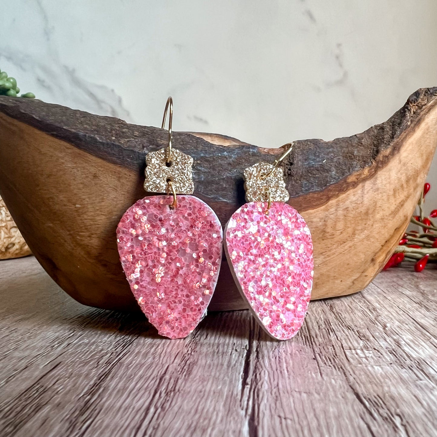 Pink Glitter Genuine Christmas Ornament Earrings