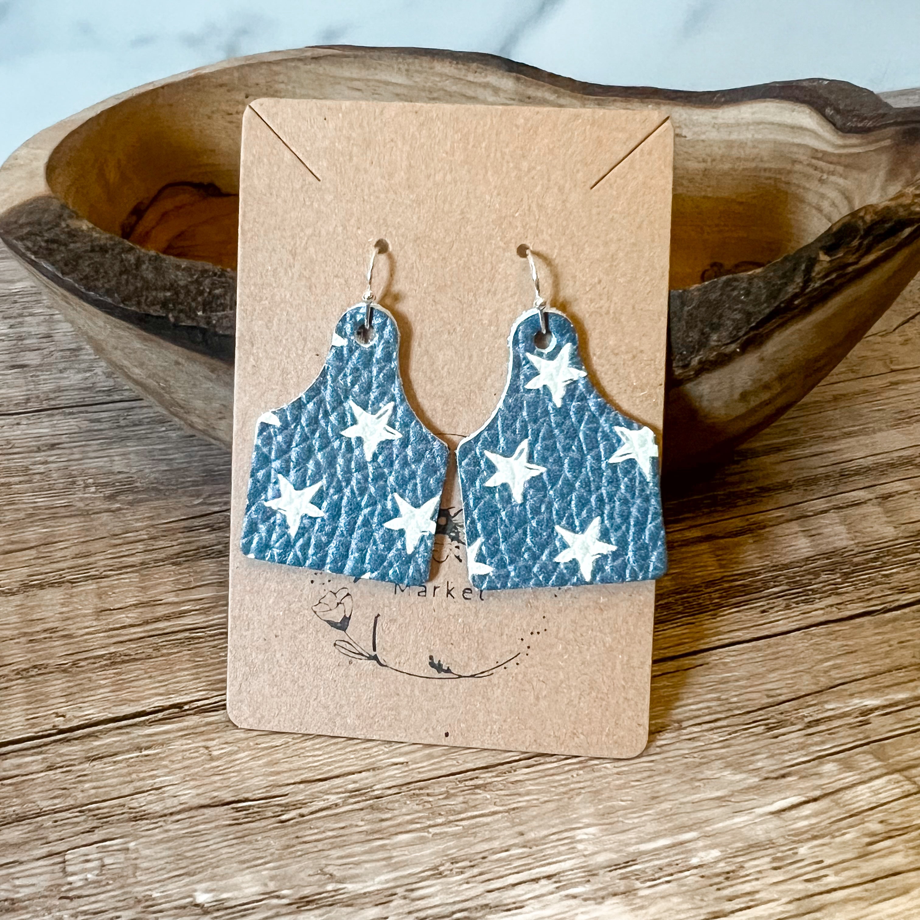 Blue & White Star Handmade Cowtag Earrings