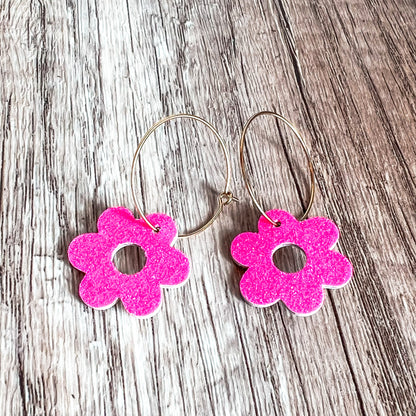 Neon Pink Glitter Flower Hoops