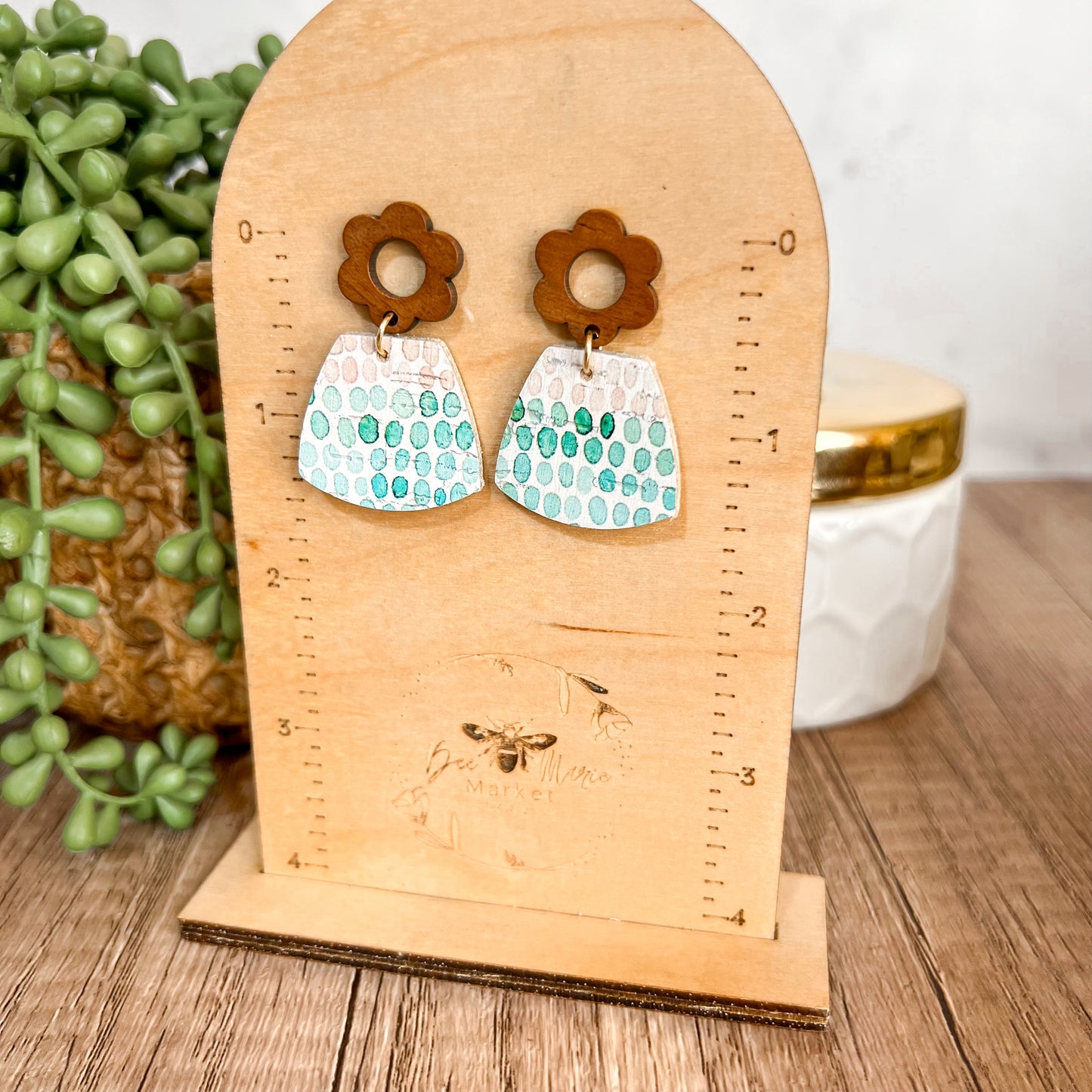 Mint Doodle Dot Wood Flower Earrings