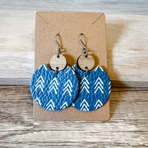 Blue Chevron & Wood Drop Earrings