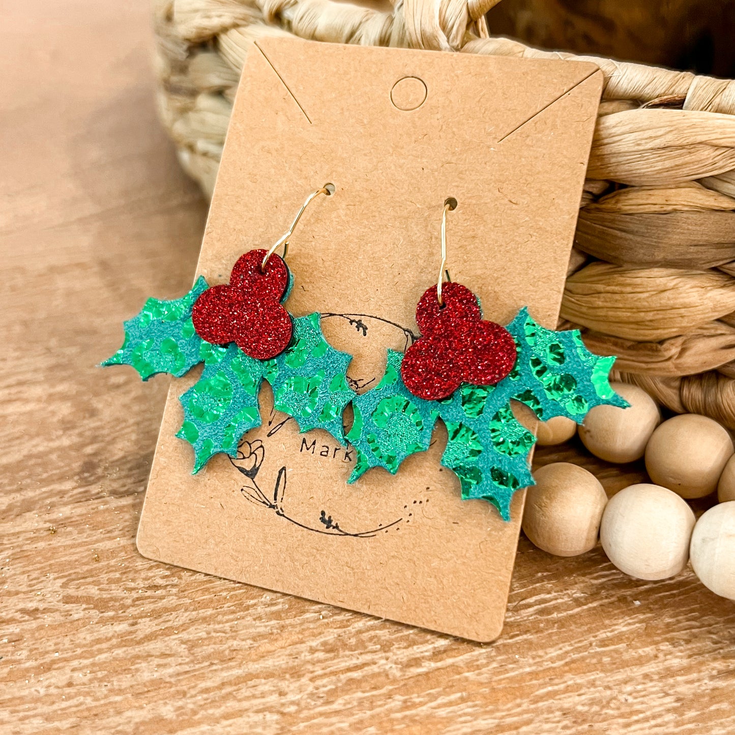 Green Shimmer Holly Jolly Leather Earrings