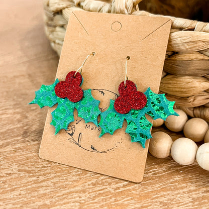 Green Shimmer Holly Jolly Leather Earrings