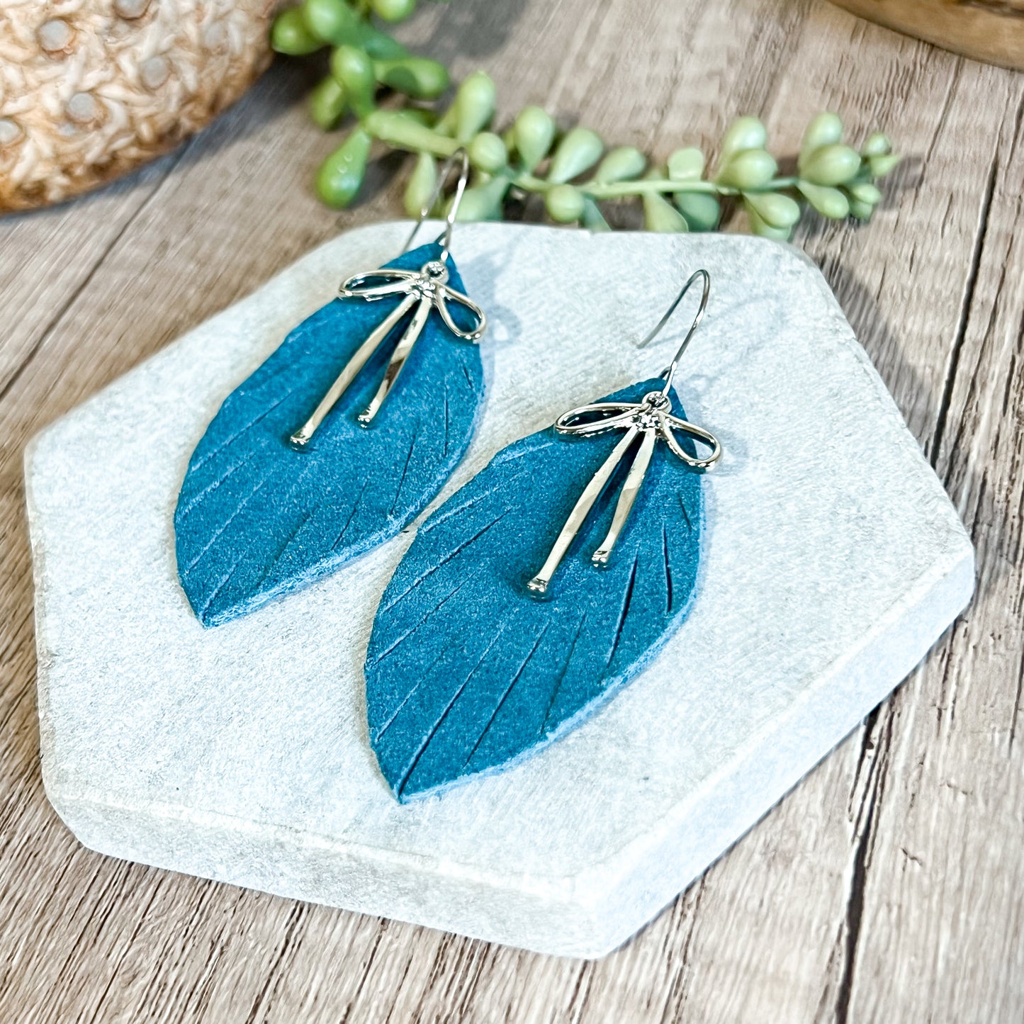 Fall Fringe Bow Leaf Earrings - Teal & Silver
