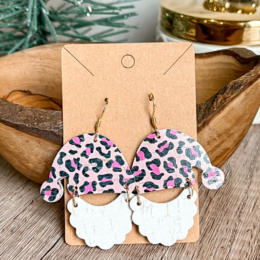 Handmade Pink Animal Print Santa Hat/Beard Earrings