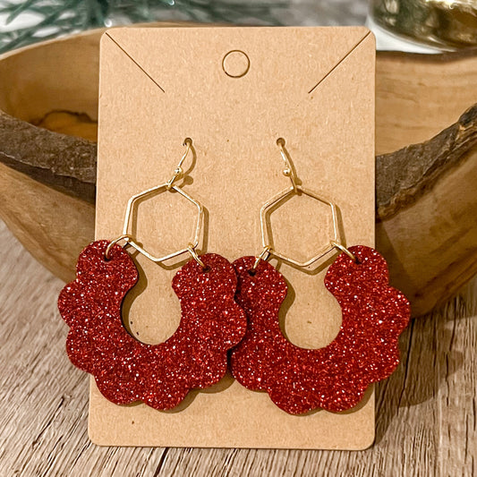 Ruby Red Glitter Scalloped Leather Earrings