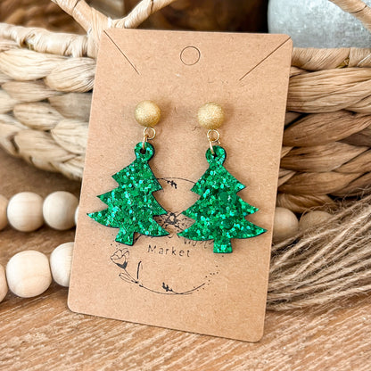 Have a Ball Green Glitter Christmas Tree Earrings