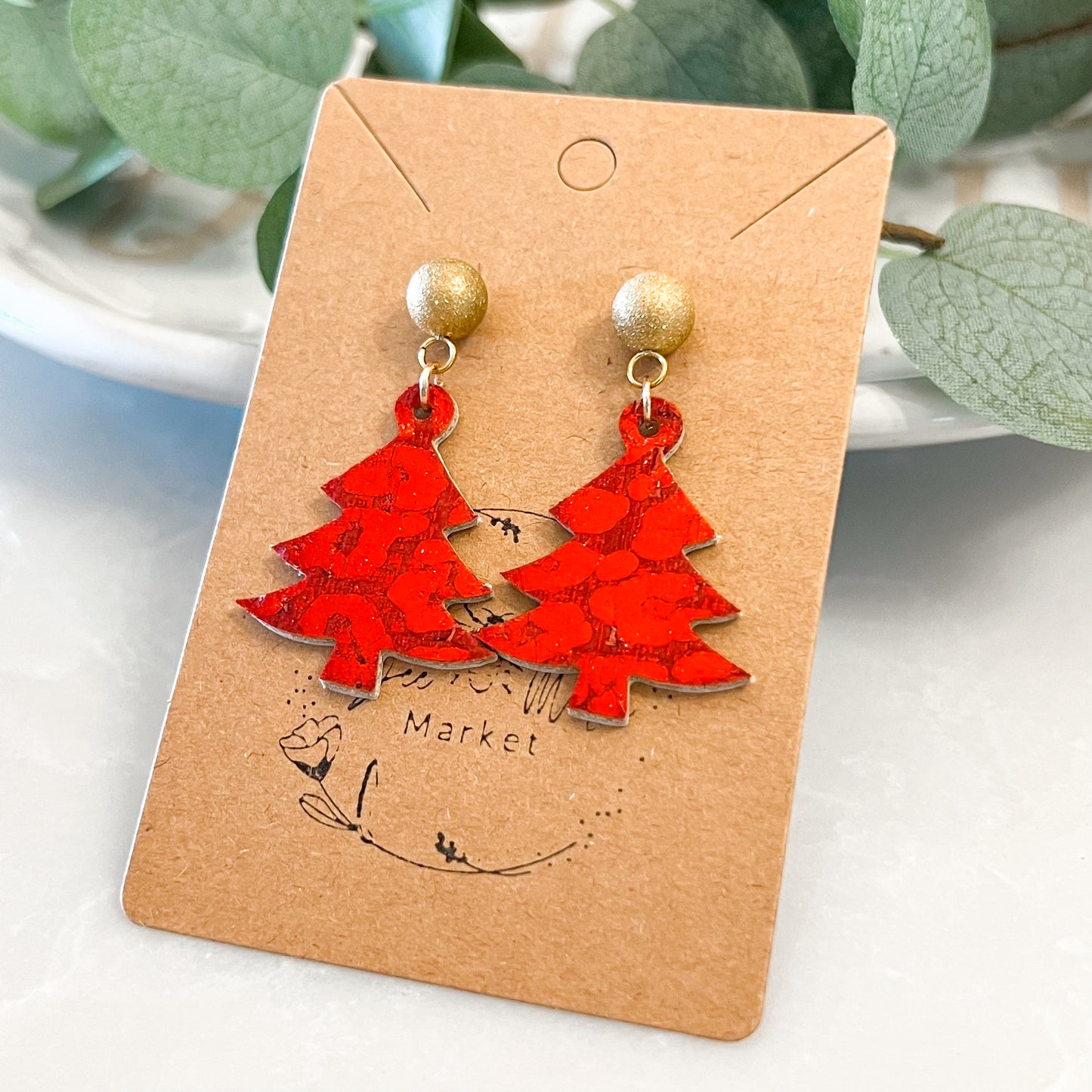 Have a Ball Red Leopard Christmas Tree Earrings