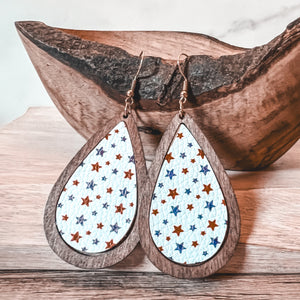 Inlaid Leather & Wood Star Teardrop Earrings