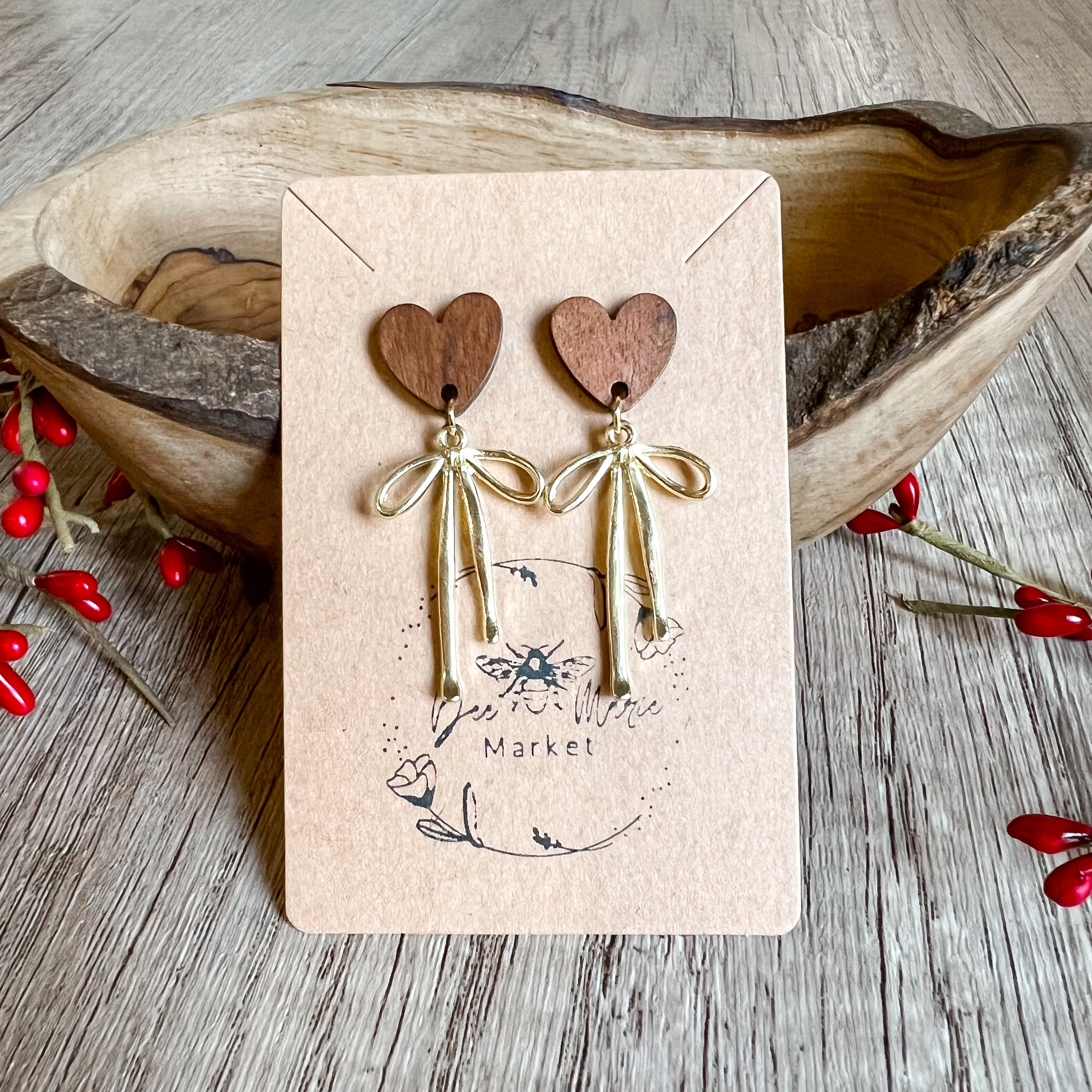 Dana Gold Bow Wood Heart Earrings