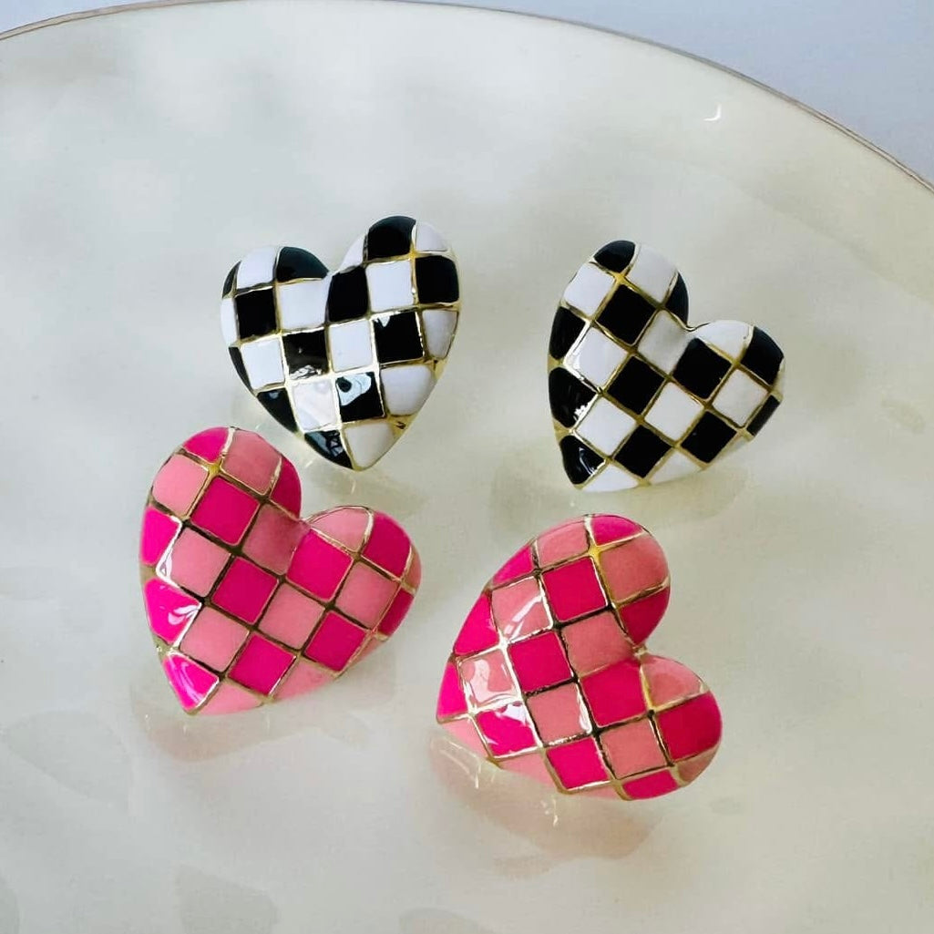 Black & White Checkered Heart Earrings