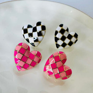 Black & White Checkered Heart Earrings