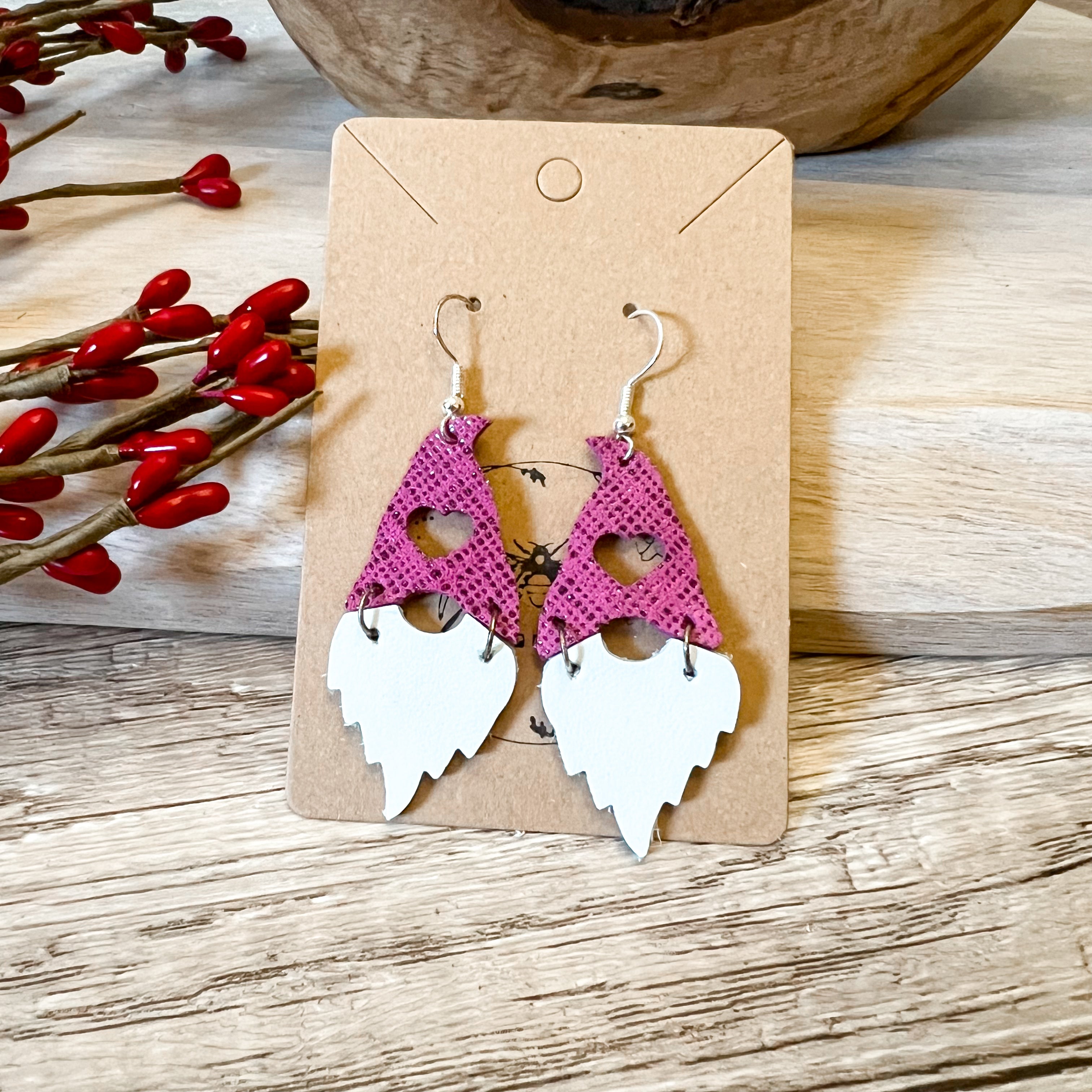 Handmade Genuine Leather Pink Heart Gnome Earrings