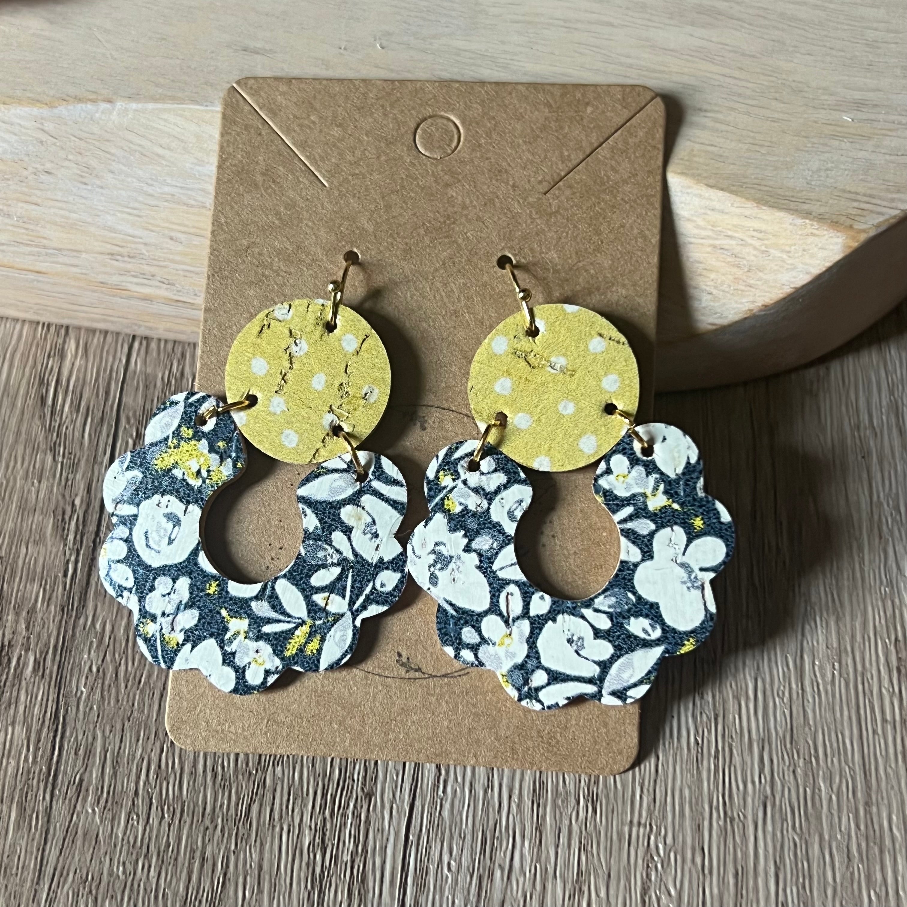 Navy Poppies & Yellow Polka Dot Scalloped Leather Earrings