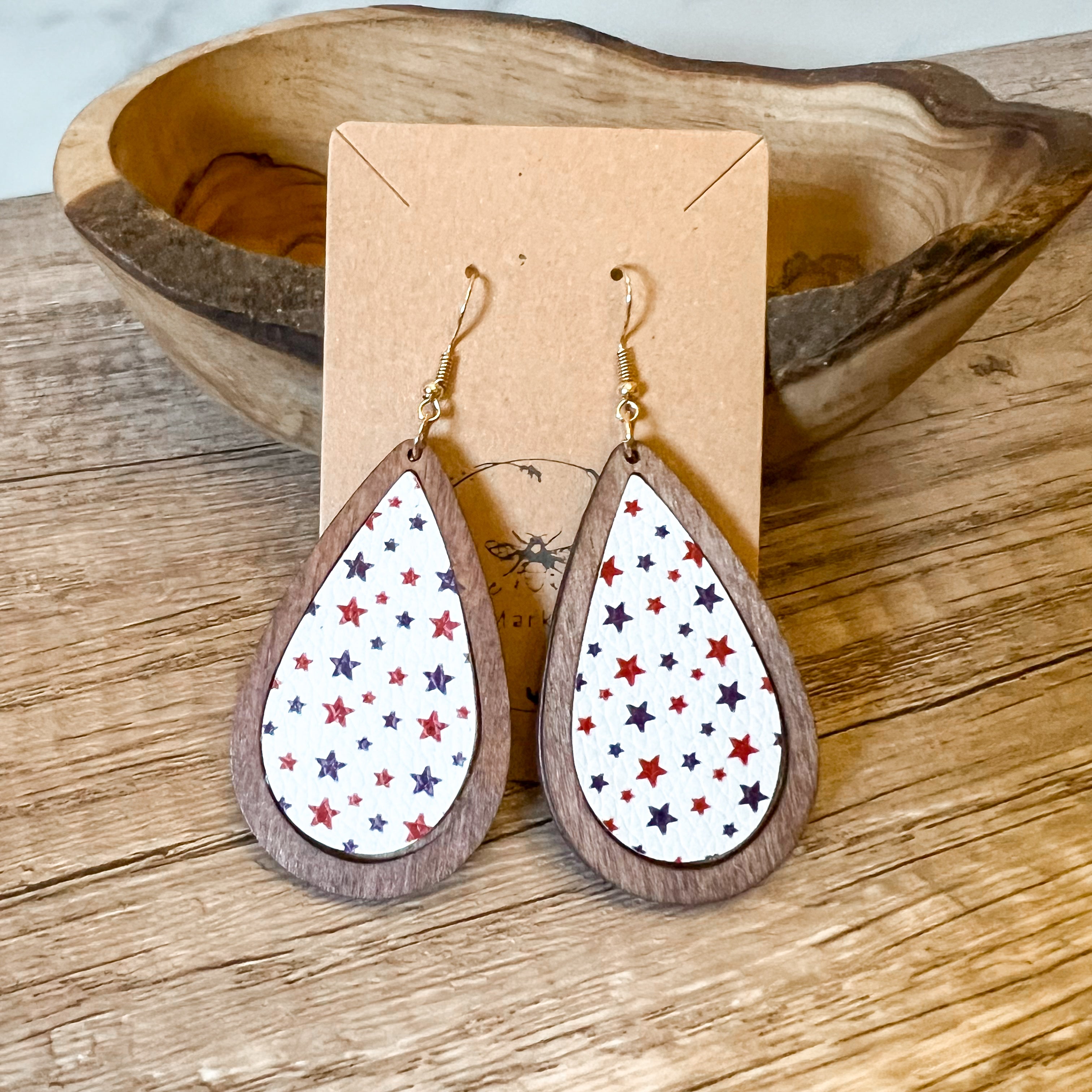 Inlaid Leather & Wood Star Teardrop Earrings