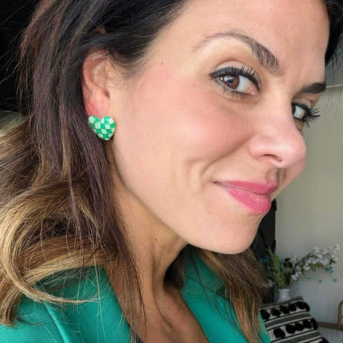 Kelly Green Checkered Heart Earrings