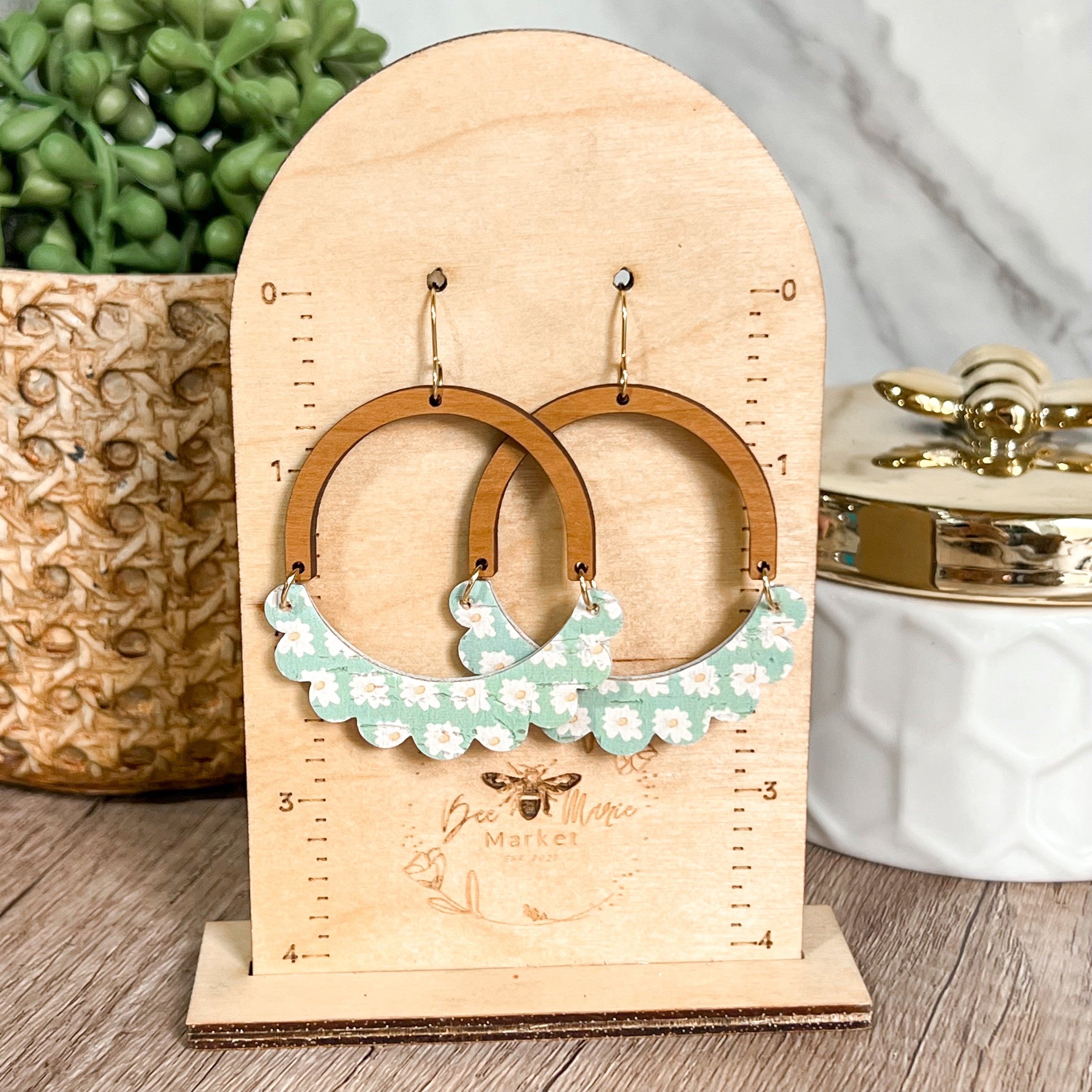 Mint Daisy Genuine Leather Ruffle Arch Earrings