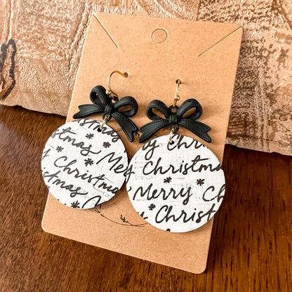 Christmas Script Black Bow Woven Earrings
