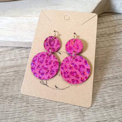 Pink Shimmer Leopard Tiered Round Earrings