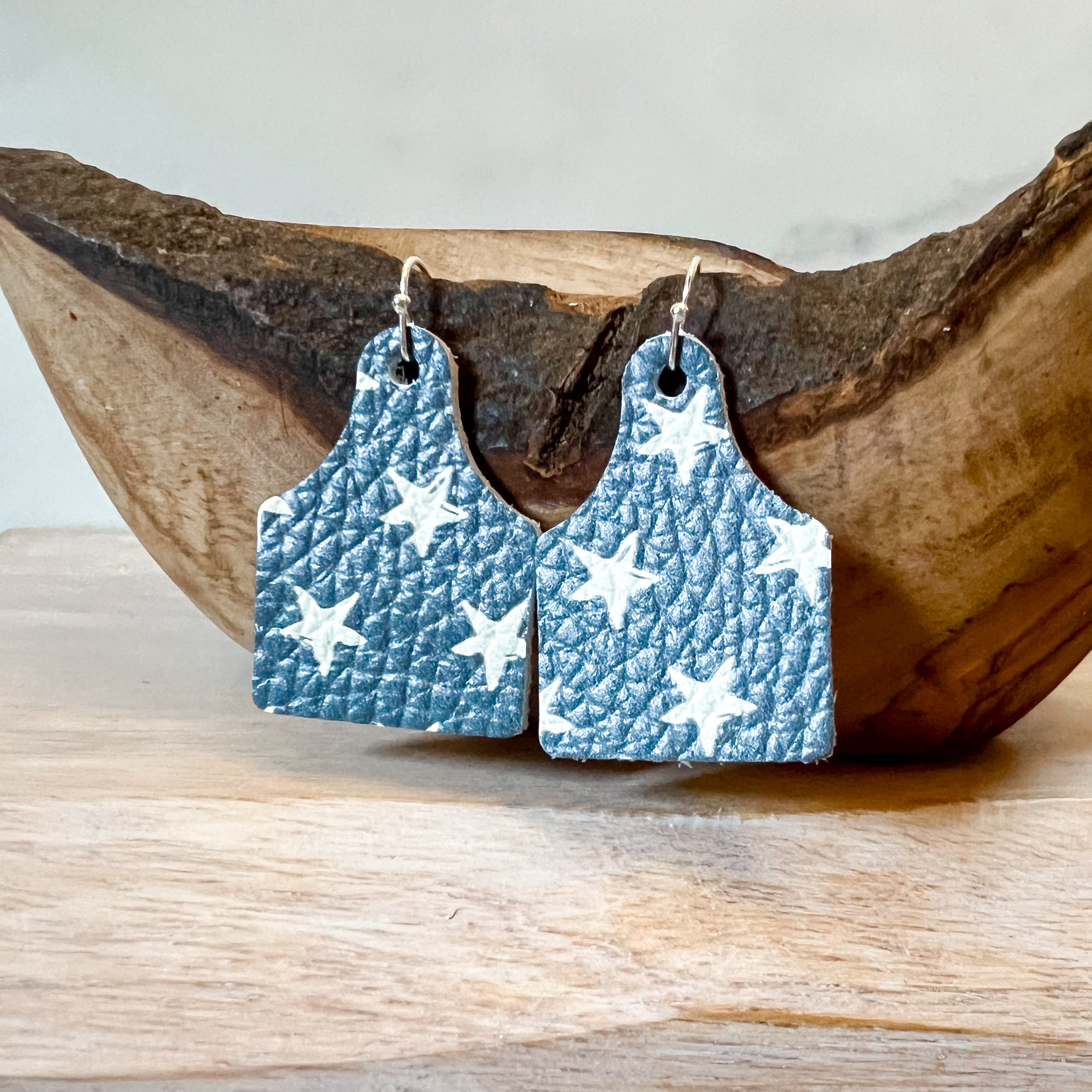 Blue & White Star Handmade Cowtag Earrings