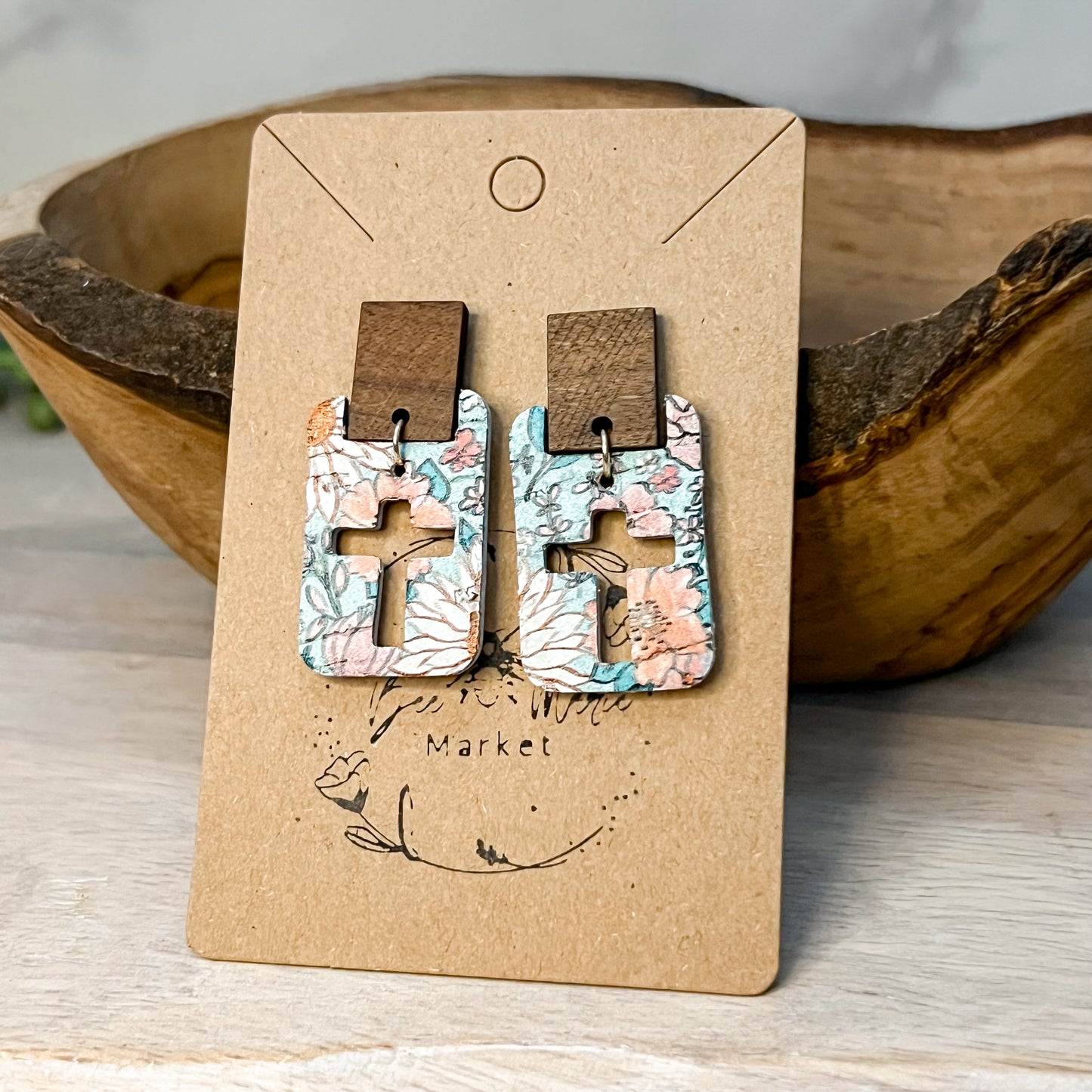 Floral & Wood Cutout Cross Earrings