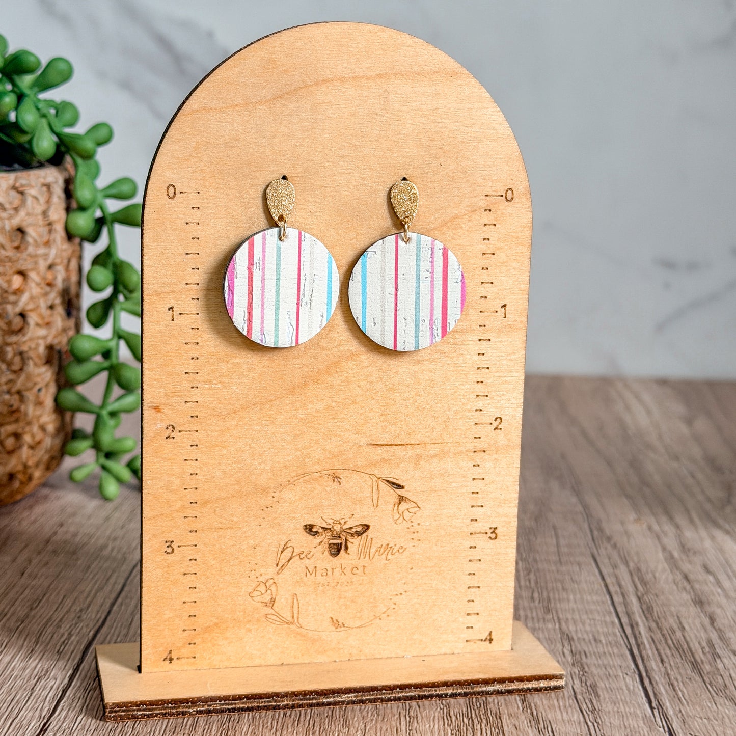 Pastel Stripe Cork Round Earrings