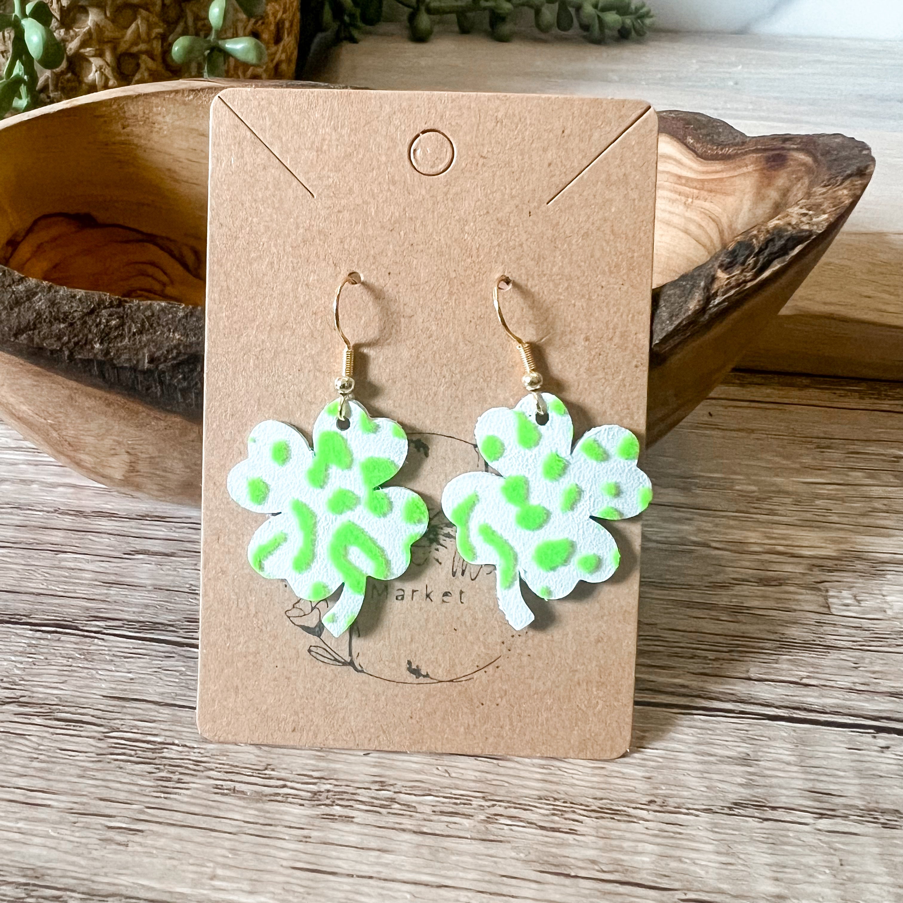 Neon Green Raised Leopard Shamrock Earrings