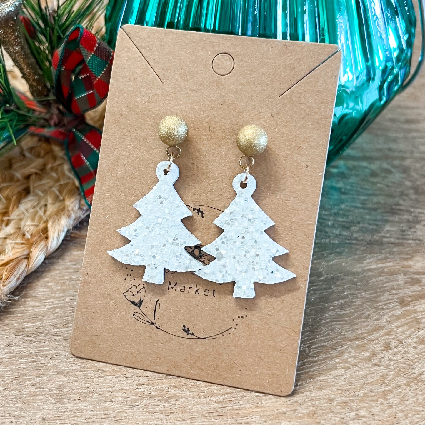 Have a Ball White Glitter Christmas Tree Earrings