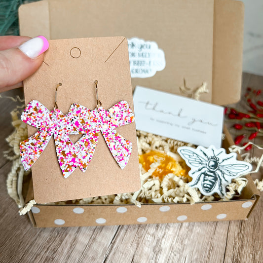 Cotton Candy Glitter Bow Genuine Leather Earrings