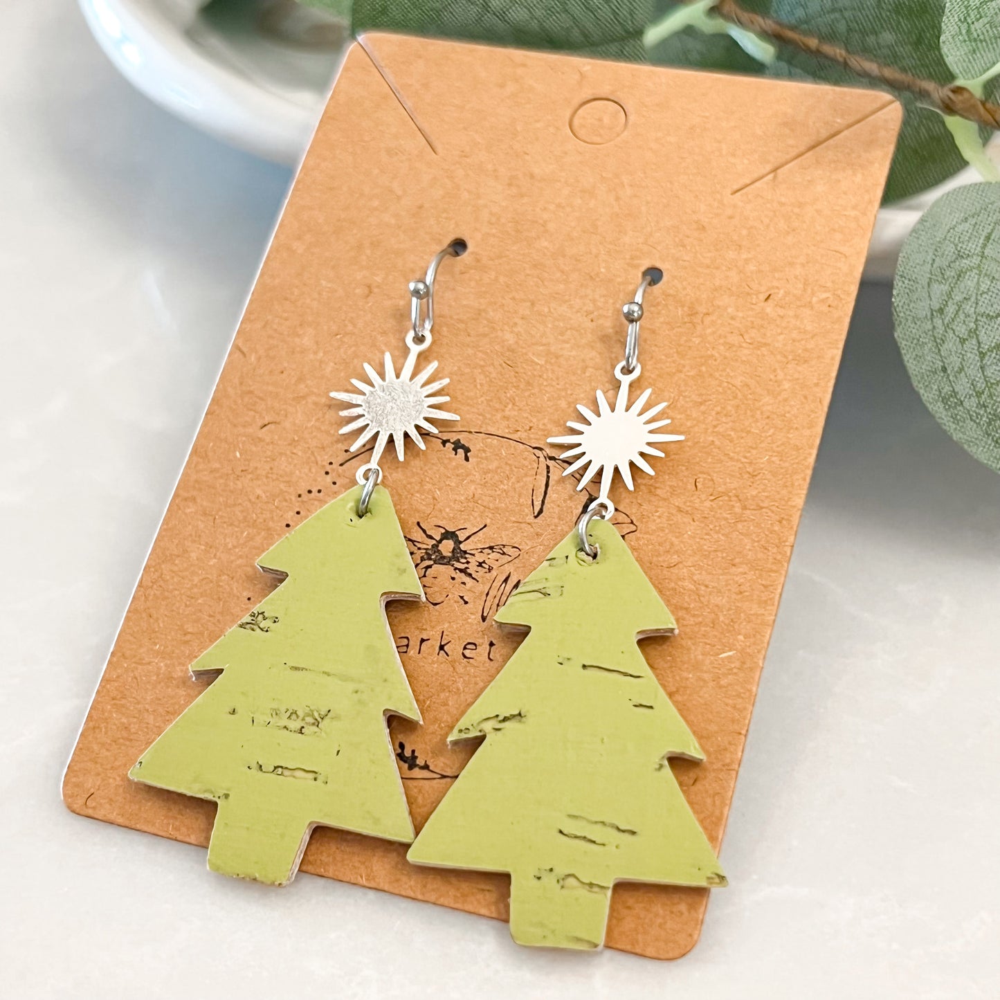 Lime Christmas Tree & Star Earrings