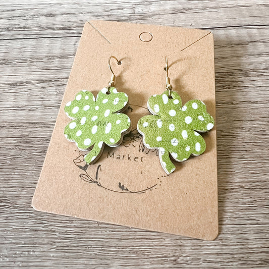 Olive Green Doodle Dot Shamrock Earrings