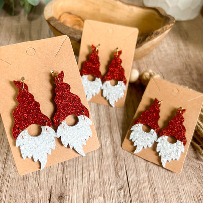 Red Glitter Handmade Christmas Genuine Leather Santa Gnome Earrings