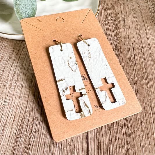 White Cutout Cross Bar Earrings