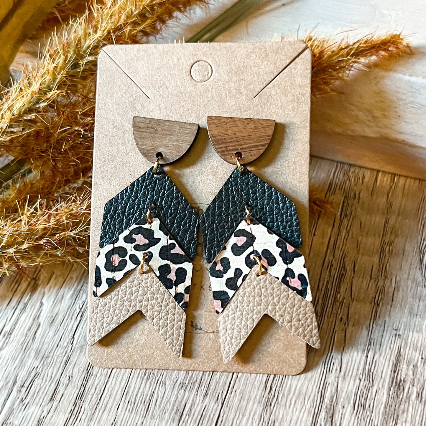 Tiered Black Animal Print Neutral Arrow Earrings