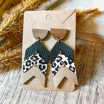 Tiered Black Animal Print Neutral Arrow Earrings