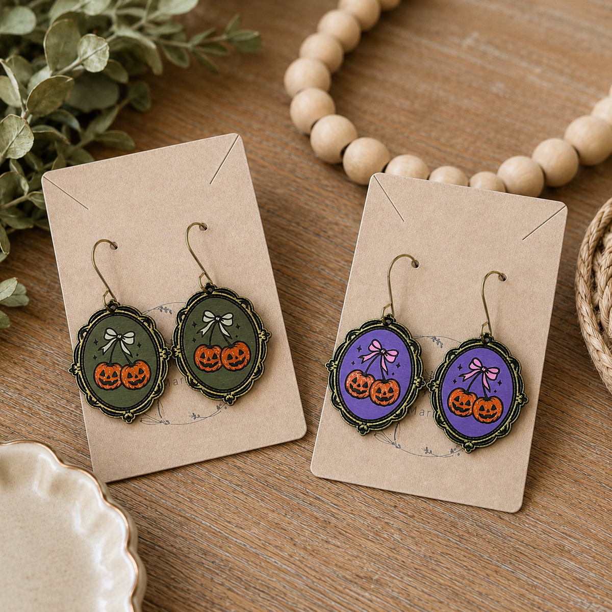 Purple Hand-Painted Vintage Framed Pumpkin Cherry Earrings