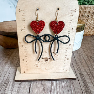 Ruby Red Pebbled Heart & Bow Earrings