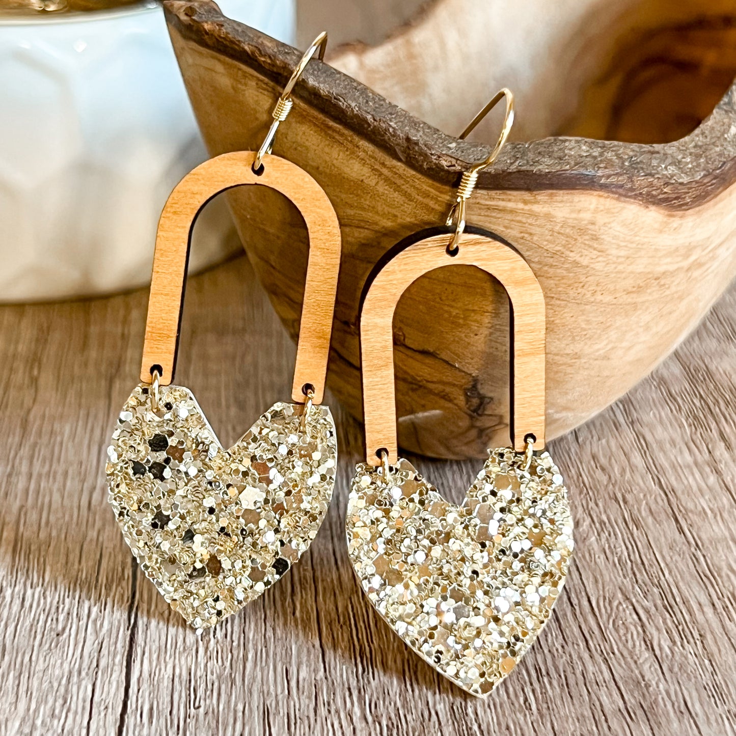 Gina Gold Glitter Heart Arch Earrings