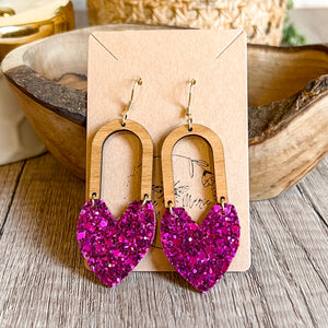 Gina Raspberry Glitter Heart Arch Earrings