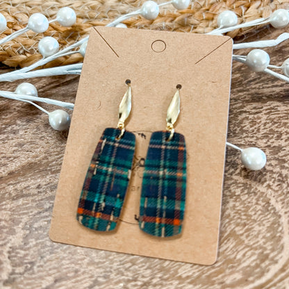 Green Tartan Leather Bar Earrings
