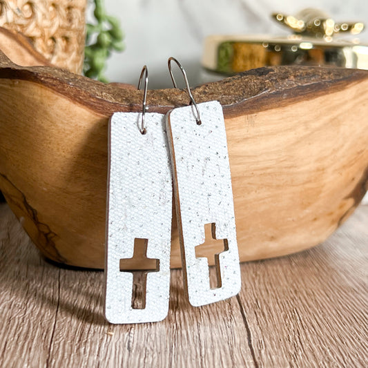 White Sparkle Cutout Cross Bar Earrings