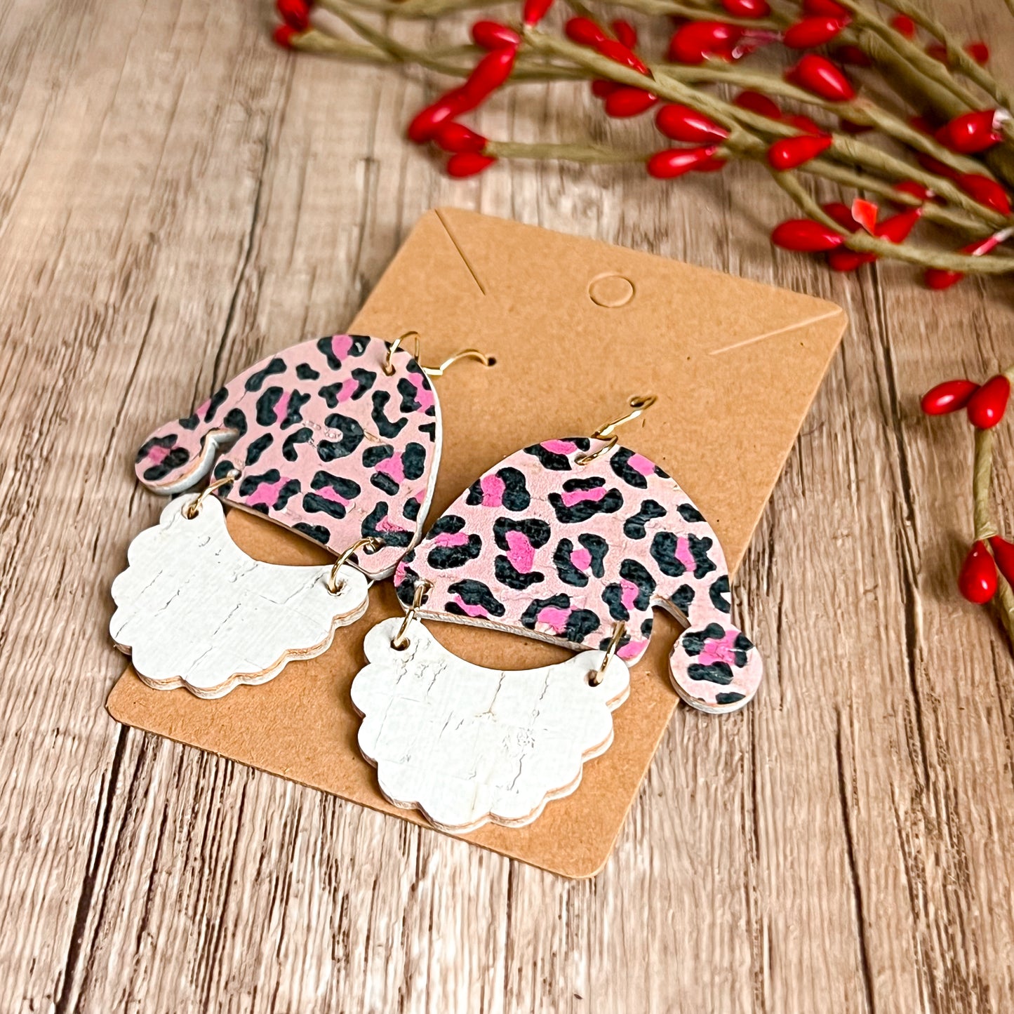 Handmade Pink Animal Print Santa Hat/Beard Earrings