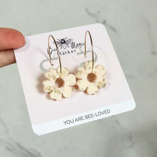 Golden Cream Daisy Hoop Earrings