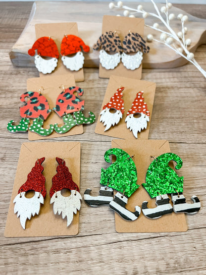 Red Glitter Handmade Christmas Genuine Leather Santa Gnome Earrings